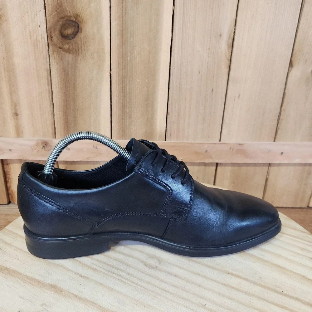 ECCO Queenstown Plain Toe Derby Shoes Mens 7.5 41 EU Black Leather Dress Comfort